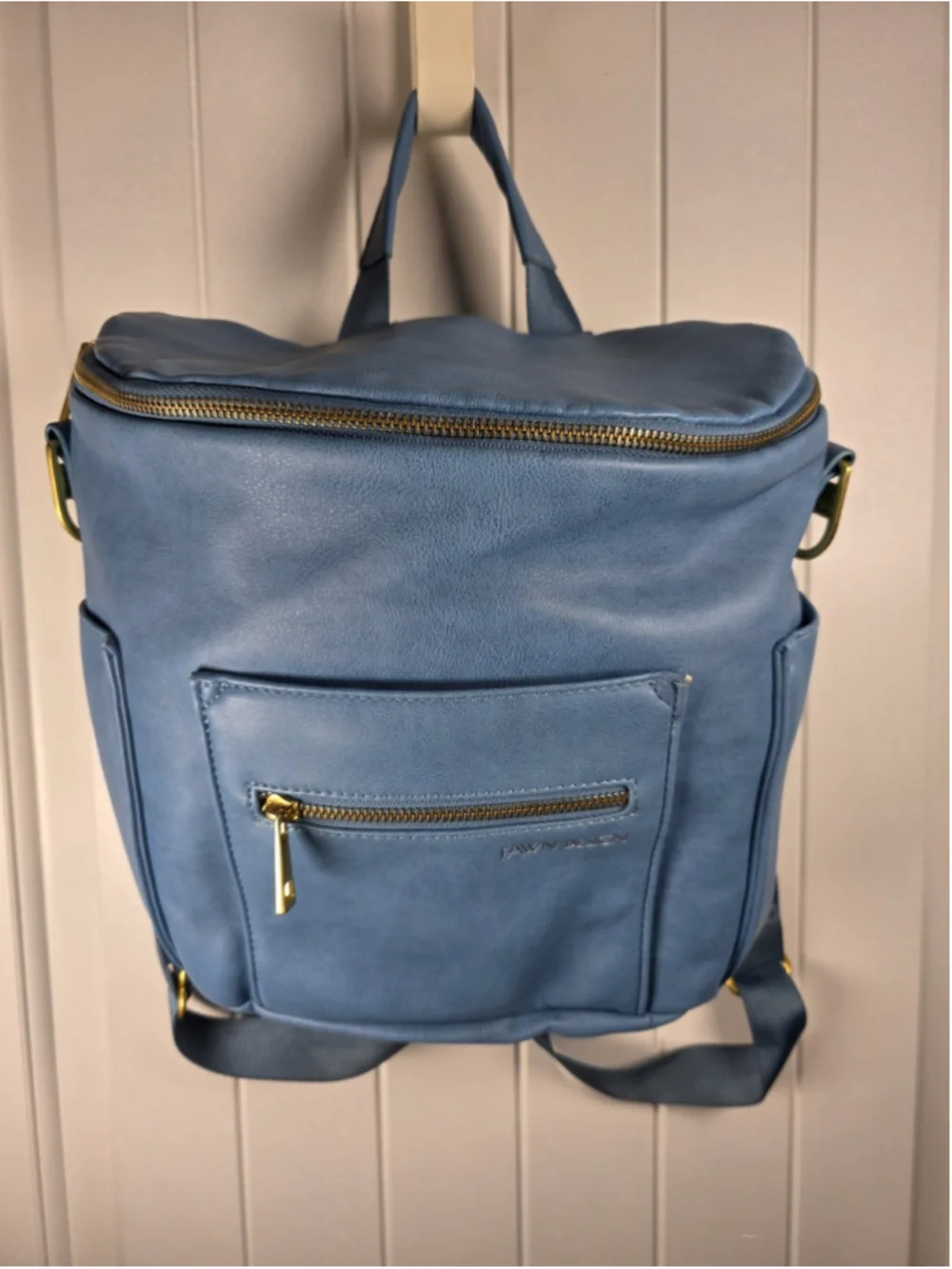 Fawn Design Original Bluebell Diaper Bag Backpack Vegan Leather Blue Gold